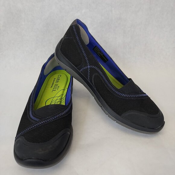 Cobb Hill FitSpa Flat Women's 7.5 Wide Pull On Shoe Black Blue Comfort Arch Supt - Picture 1 of 13